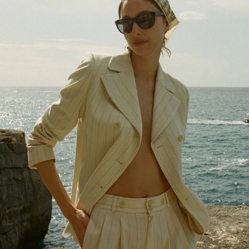 Doen Harrison Pinstripe Double Breasted Suit Blazer Jacket Cream Gessato Stripe